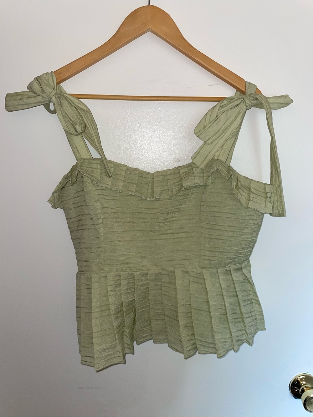 Pleated Tie-Shoulder Peplum Top in Olive Green